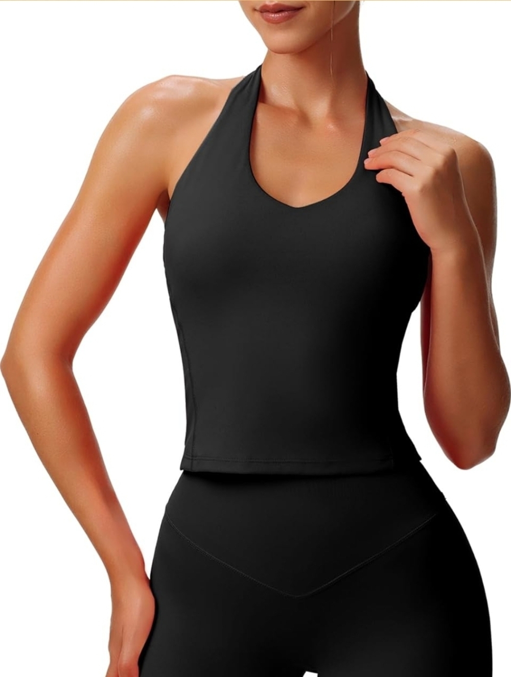 Aoxjox Hailey Halter Tank Top Black Longline Crop | Sculpt Athletic Yoga Gym Top